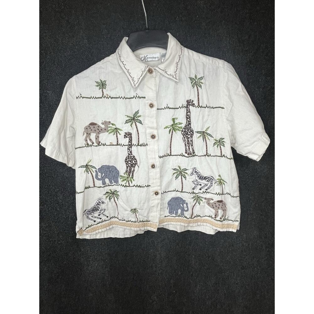 Dress Barn Giraffe Safari Novelty Print Linen Blend Button Collared Top Large